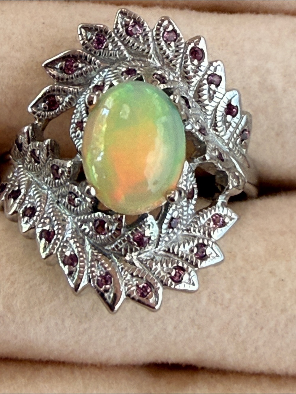 Natural Fire Opal & Rhodolite
 Leaf Halo Ring Sz9